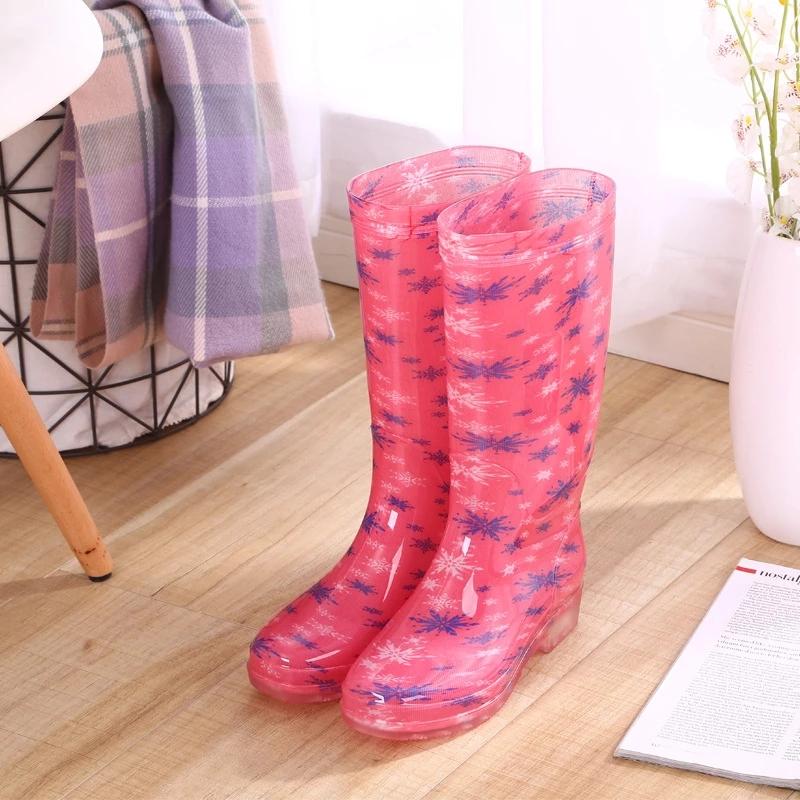 Rain Boots Women Print PVC Waterproof Shoes for Girls Knee-high Slip on Anti Skip Boots Long Tube Boots Fashion Size 36-41