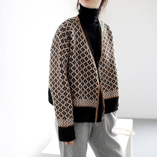 Autumn European and American Style Jacket Short V-neck Knitted Top Cardigan Loose Women Sweater