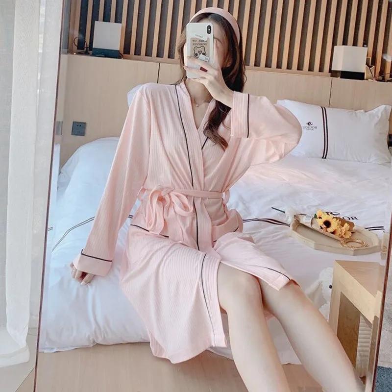 Women's Solid Sexy Long-sleeved Bathrobes Mid-length Spring Autumn Pajamas Dresses Casual Nightgown Pocket V-neck Loose Home Wear