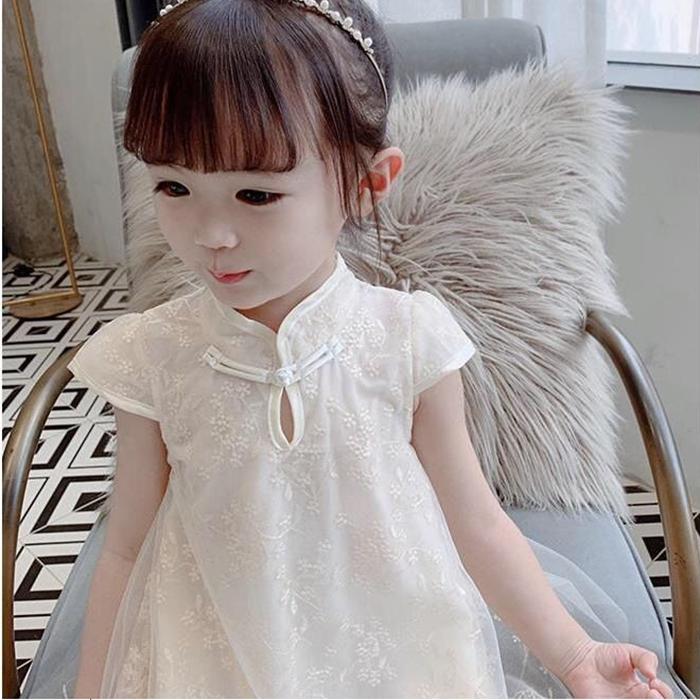 Children Dress Spring Summer Broken Flower Kids Clothing  Baby Girls Clothing Yarn Sleeveless Cheongsam Dress Girl