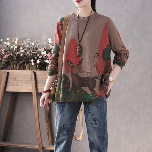 Women Vintage Deer Printed Pullover Sweater Plus Size Ladies Loose Oversized Knitted Sweater Bottoming or Outer Wear Autumn Winter