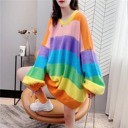 Girl Student Loose Jacket Round Neck Pullover Simple Sweater Rainbow Stripe Long Sleeve Fashion Top