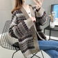 Autumn Winter Vintage Printed Cardigan Sweater Korean Knitwear Casual Loose V-neck Knitted Cardigan Coat tops