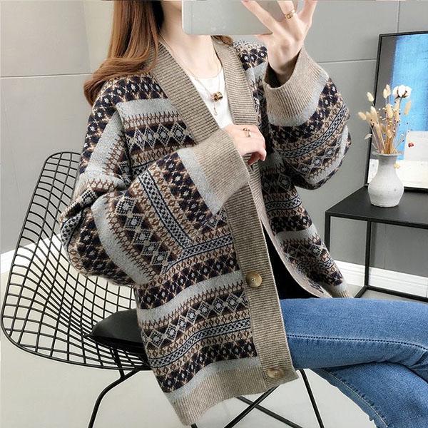 Autumn Winter Vintage Printed Cardigan Sweater Korean Knitwear Casual Loose V-neck Knitted Cardigan Coat tops