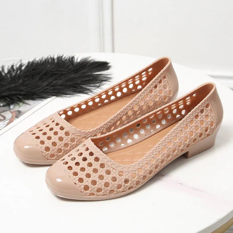 Sandals Ladies Hollow Soft Sole Casual Wear Hole Shoes Shallow Mouth Work Non-slip Beach Slope Heel Sandals and Slippers