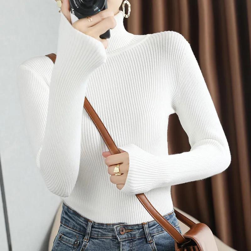Turtleneck Sweater Women Autumn Winter Fashion High Neck High Neck Sweaters Solid Long Sleeve Pullover Knitwear Black White Knitted Jumper Top Clothes