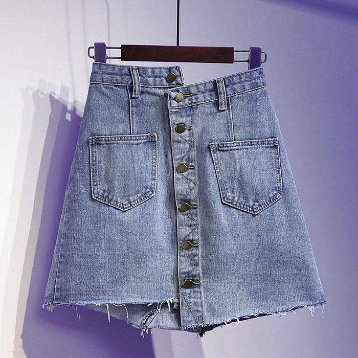Pofulove Plus Size Women High Waist Irregular Denim Skirts Hip Skirt Anti-light Thin A-line Skirt