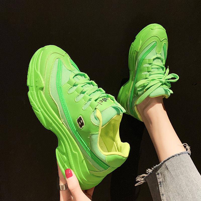 Fluorescent green daddy shoes female ins tide net red double mesh surface thick bottom sports shoes