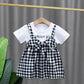 Children Dress Spring Summer Round Neck Kids Clothing Toddler Baby Girls Clothing Plaid Bow Pieated Short Sleeve Dress Girl