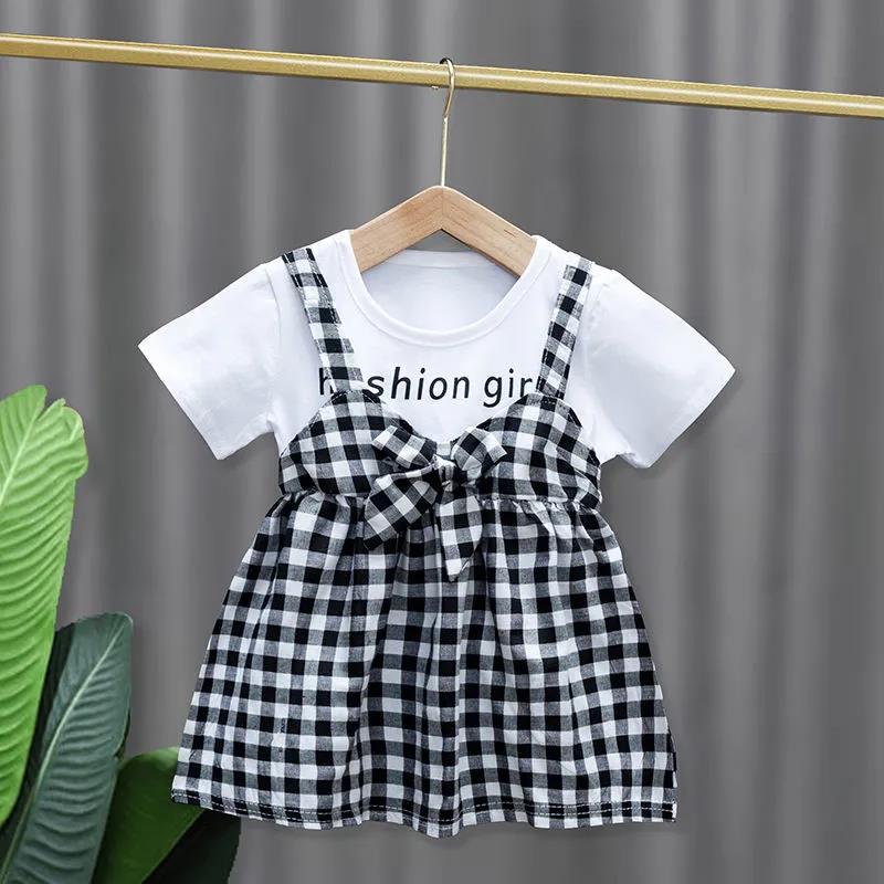 Children Dress Spring Summer Round Neck Kids Clothing Toddler Baby Girls Clothing Plaid Bow Pieated Short Sleeve Dress Girl