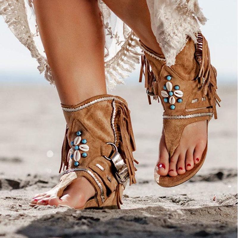 Plus Size 35-42 Summer Retro Women Fringe Flower Wedges Shoes Solid Flock Beach Casual Sandals Women Summer Flip Flop Sandals