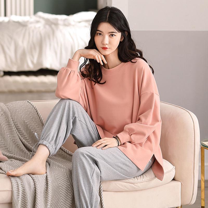 100% Double-sided Cotton Women's Pajamas Long-sleeved Outer Wearable Suit Korean Casual Winter Home Service Suit