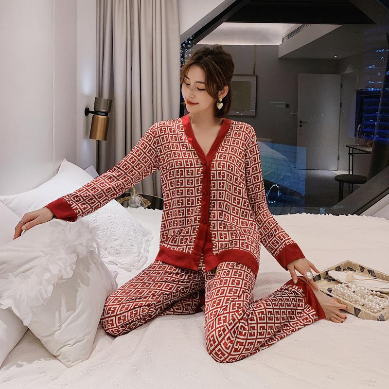 Women's Pajamas Suit V Neck Design Luxury Pajama Set Cross Letter Print Sleepwear Silk Satin Home Clothes Plus Size Nightwear