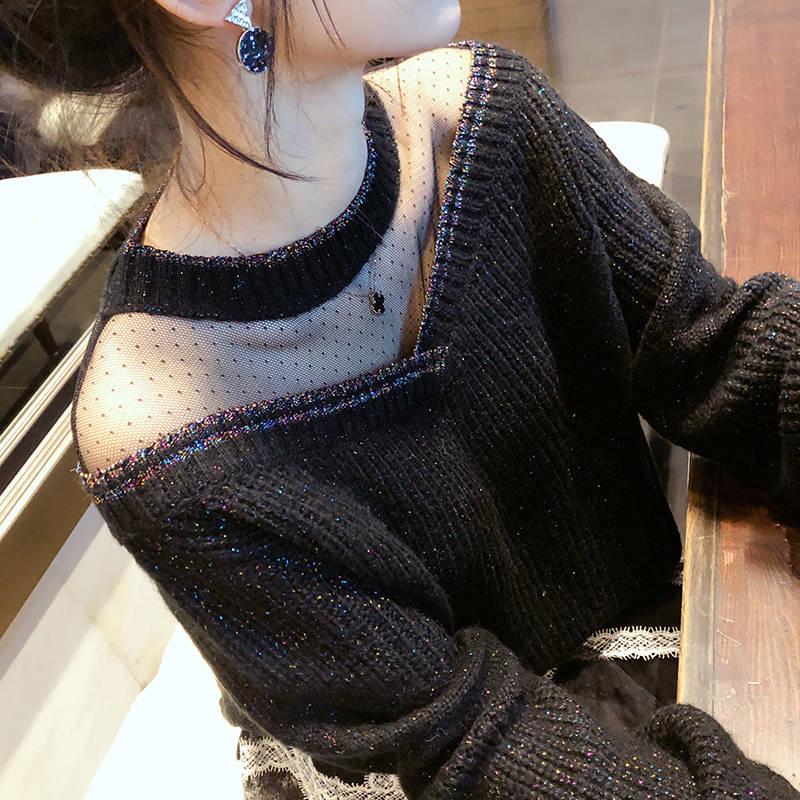 Pofulove Sexy Loose Bat Sleeved See-through Clavicle Top Mesh Knitwear Bright Silk Bottoming Sweater