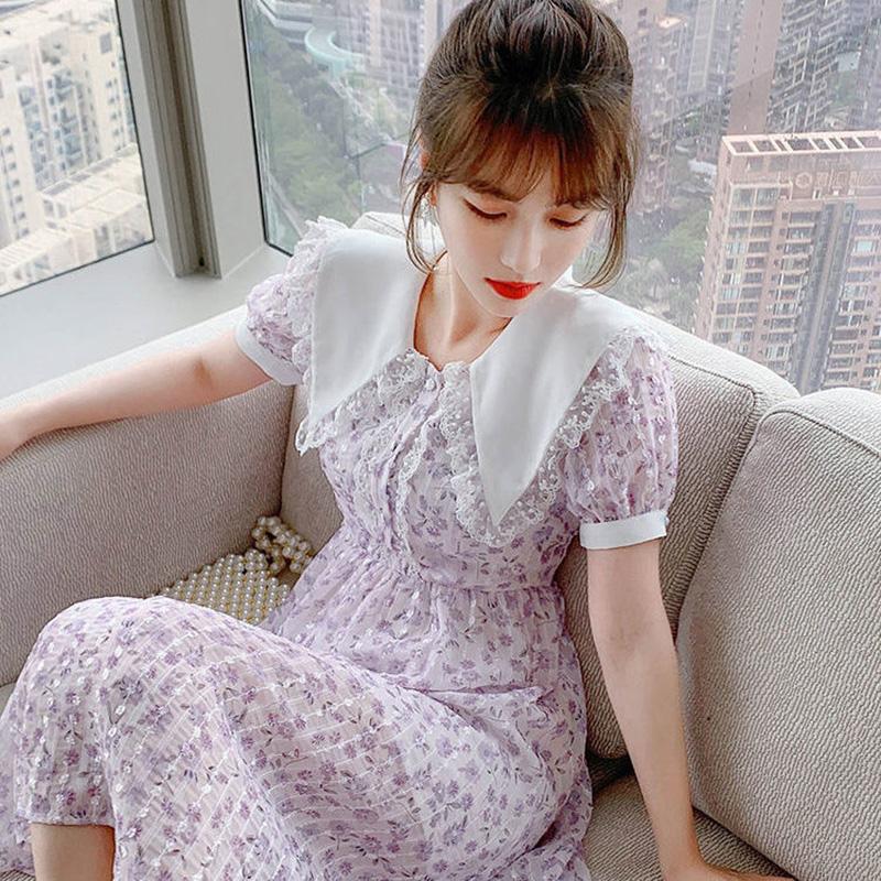 French Small Fresh and Age-reducing Floral Dress Summer Sweet Temperament Waist Waist Chiffon Dress Ladies A-line Skirt Waist Is Thin