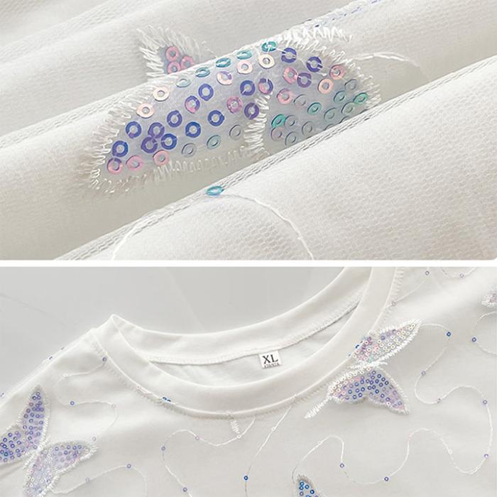 Butterfly Embroidery Veil Women Dress Girl Loose O-Neck Loose Short Sleeve Casual Long T-shirt Dress