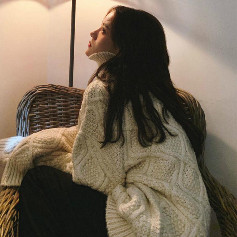 Pofulove Solid Color Thick Turtleneck Sweater Female Students Autumn Winter Lazy Wind Loose Twist Knitted Jacket Pullover