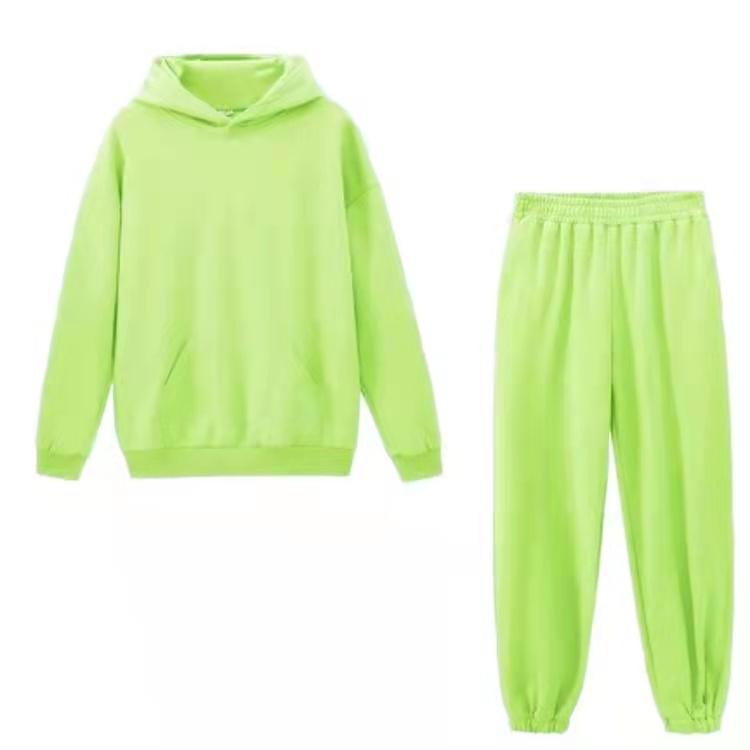 2PCS Women Loose Hooded Suits Solid Color Sports Wear Warm Fleece Hoodie Jogger Long Pants Suit Tracksuit Sets Two Piece Casual Athletic Clothing