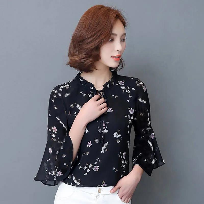 Women's Spring and Autumn Chiffon Short Sleeve Top Tie Bow Print T-Shirt