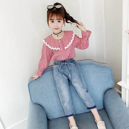 Girls Spring and Autumn Suits Thin Long Sleeves Casual Simple Natural Style Ruffle Decor Comfortable Two-Piece Set