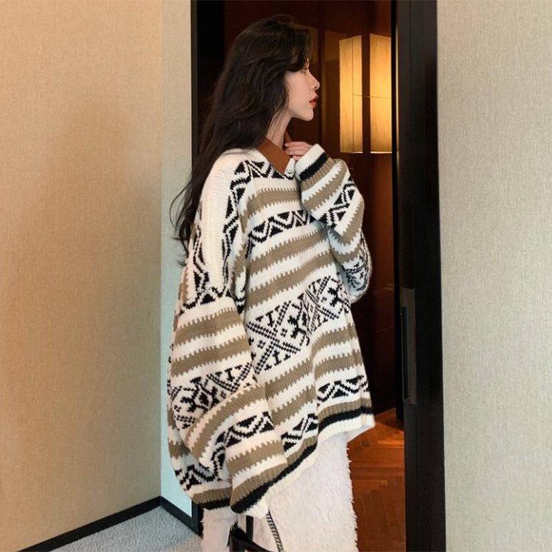 Pofulove autumn and winter loose sweater jacquard long-sleeved thick round neck sweater women