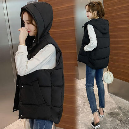 Autumn and Winter Short Casual Vest Korean Loose Hooded Jacket Solid Color All-match Female Down Vest