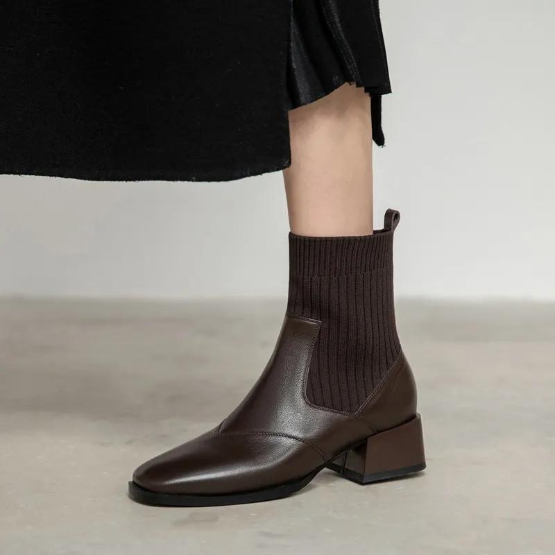 Chelsea Boots Flat Short Boots Autumn and Winter British Style Winter Boots Thick Heel Knitted Stretch Martin Boots Women
