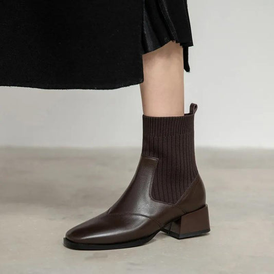 Chelsea Boots Flat Short Boots Autumn and Winter British Style Winter Boots Thick Heel Knitted Stretch Martin Boots Women