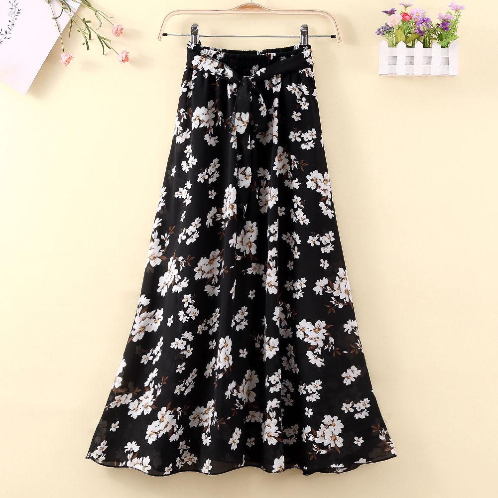 Summer Floral Printed Chiffon Women's Skirt High Waist A-line Long Skirts Female Casual Lady Skirt