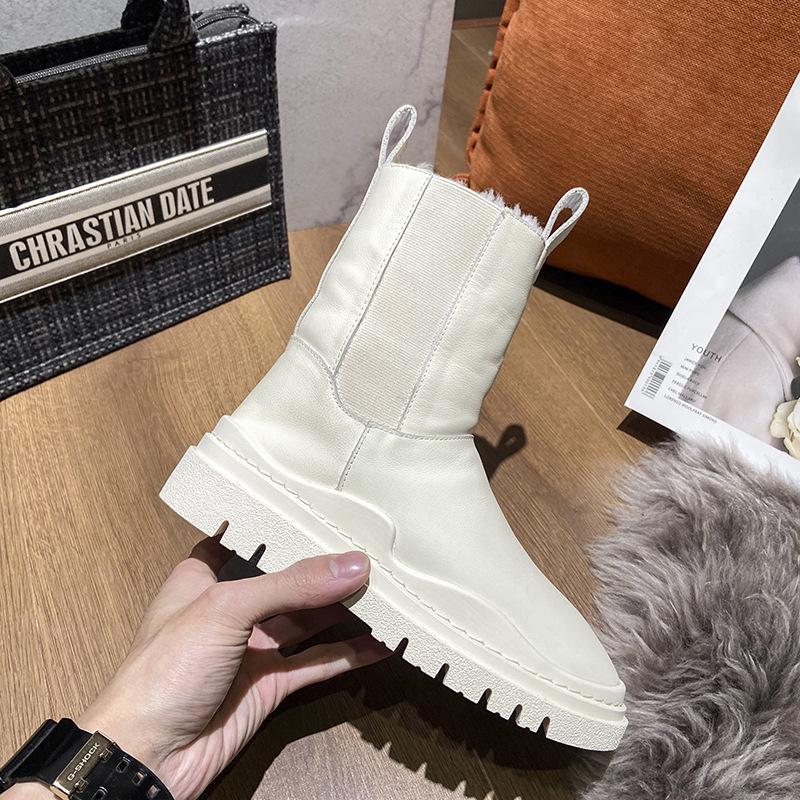 Women Boots Winter Shoes Black White Fur Boots Leather Snow Boots Plush Warm Ankle Booties Platform Chunky Boots