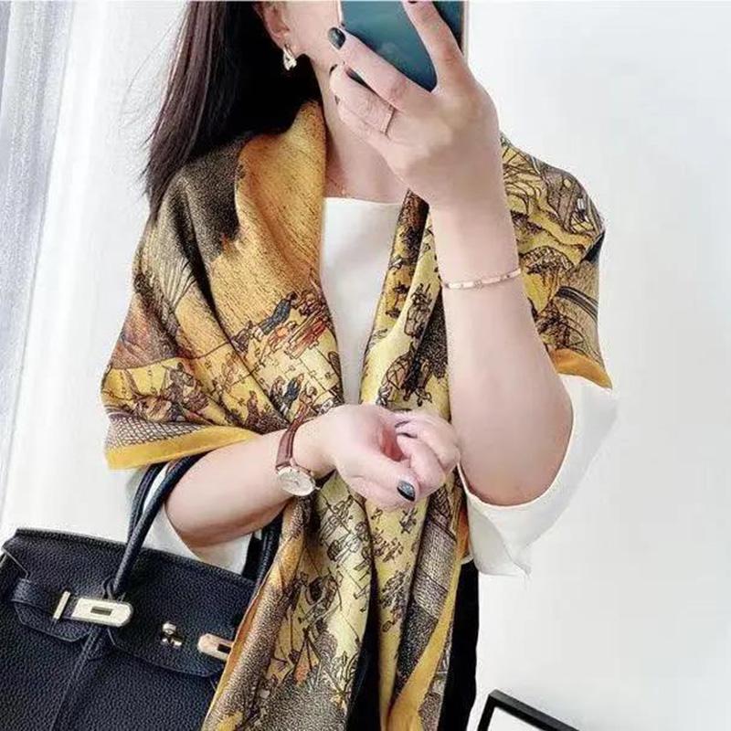 Chinese Painting Style Scarf Flower Wrap Shawl Silk Imitation Satin Women Elegant All-match Headscarf Sunscreen Gauze Shawl