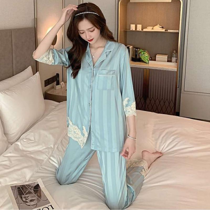 Women's Spring Autumn Long-sleeved Pajamas Set Sexy Lace V Neck Ice Silk Jacquard Striped Homewear Loose Comfortable Sleeping Suit Two-piece Set