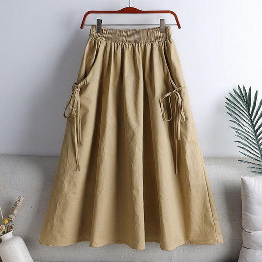 Workwear Half Body A-line Skirt Women's Pure Cotton Versatile Solid Color Lace-up Drawstring Pocket Mid-Length