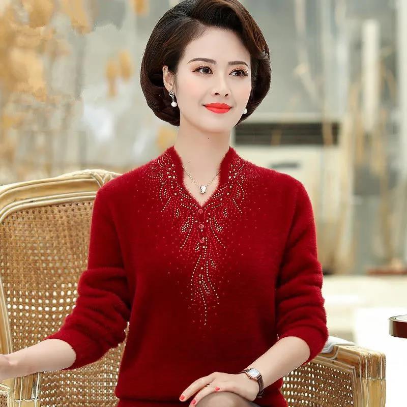Mink Velvet V-Neck Sweater Fashionable Diamond Slim Fit Knit Sweater Warm Large Size Long Sleeve Knit Sweater