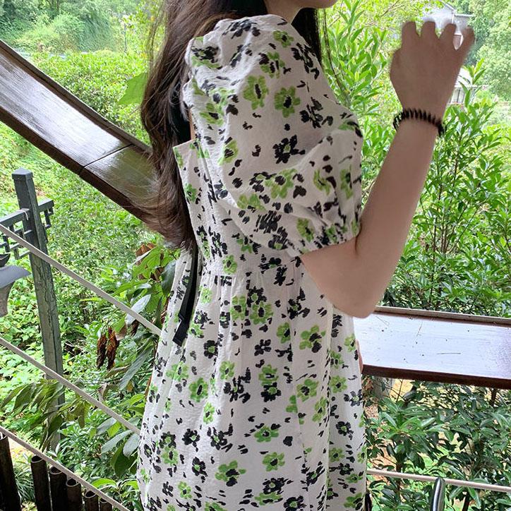 Female Vintage High Waist Super Fairy Holiday Dress Elegant Slim Chiffon Floral Print Short Dress