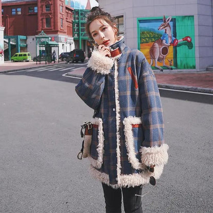 Plaid Lamb Wool Coat Girl Student Padded Overcoming Padded Coat