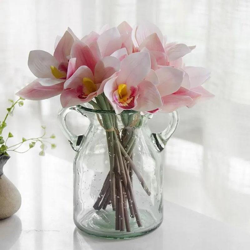 Simulation Bouquet 4 Heads Hand Pierced Feel Cymbidium Artificial Flowers Home Decoration Flower Vase Flower Arrangement