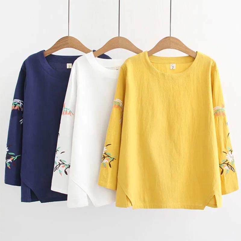 Pure Cotton Embroidery Long-sleeved Plus Size Bottoming Shirt T-shirt Retro Women's Floral Top Mother's Wear