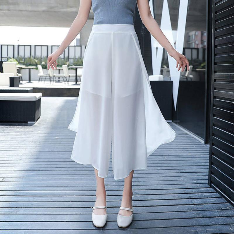 WTEMPO Ruffle Chiffon Skirt-like Wide-leg Pants Women Loose High Waist Ankle-Length Pants Trousers Cool and Breathable