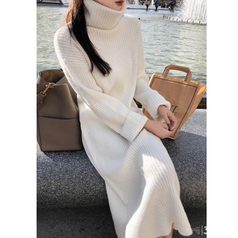 Fall/winter Turtleneck Pullover Skirt Over-the-knee Slim White Bottoming Skirt