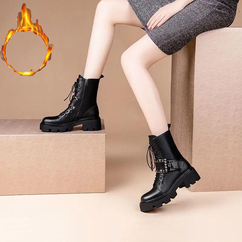 Autumn and Winter Martin Boots Belt Buckle Short Boots British Shoes Snow Boots Plus Velvet Warm Cotton Boots Motorcycle Shoes