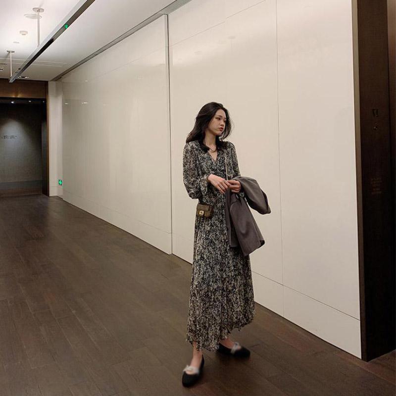 Floral Dress Black Over The Knee Long Sleeve Dress Women French Retro V-neck Summer Chiffon Skirt