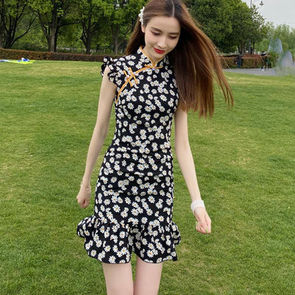 Little Daisy Cheongsam Improved Dress Short Floral Sexy Small Young Girl Daily Wear