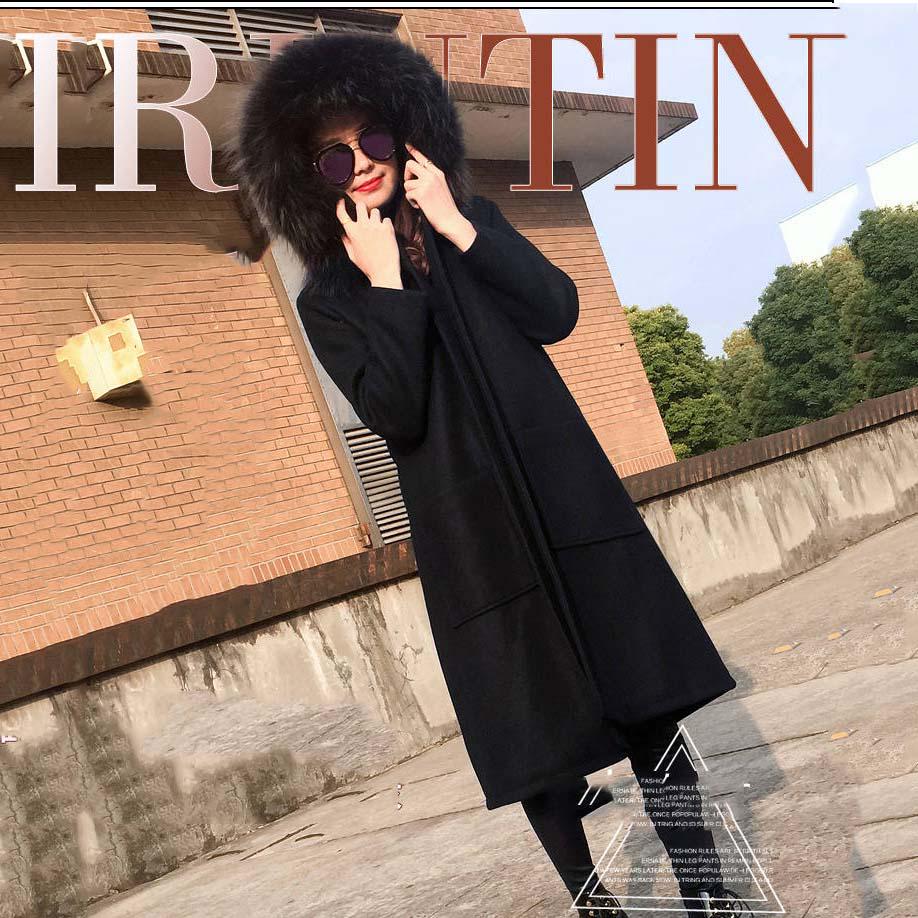 Autumn Winter Coat Cashmere Trench Jacket Women Casual Black Coat with Hooded Warm Pocket Jackets