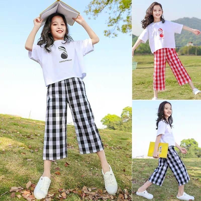 Girls Summer Suits Big Children's Pullover Round Neck Short-sleeved Tops Plaid Pattern Loose Cropped Pants Casual Breathable Two-piece Set