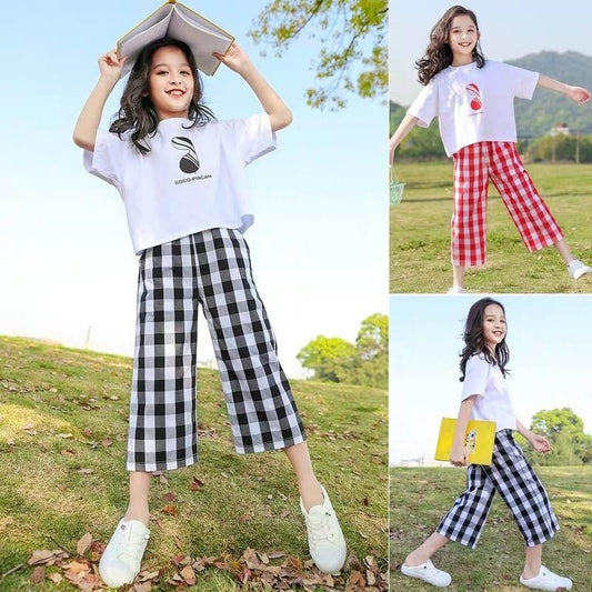 Girls Summer Suits Big Children's Pullover Round Neck Short-sleeved Tops Plaid Pattern Loose Cropped Pants Casual Breathable Two-piece Set