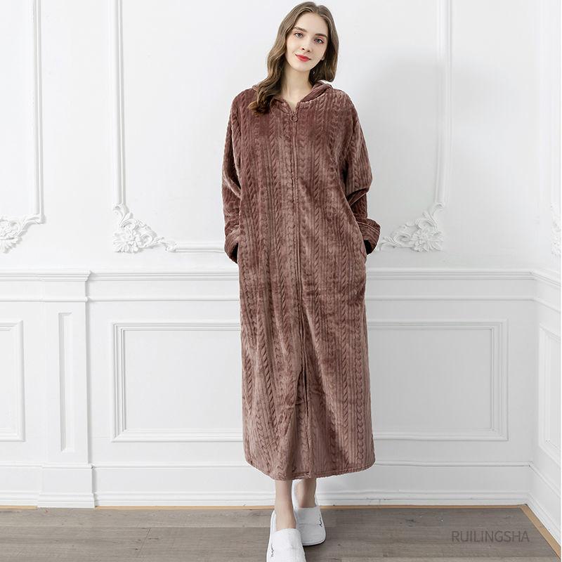 Nightgown Women Autumn and Winter Long Coral Fleece Thick Warm Flannel Bathrobe Zipper Pajamas Dress Age Reduction Cute Style