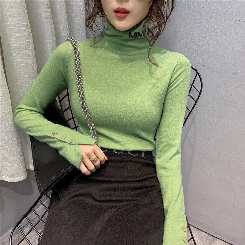 Winter Turtleneck Pullover Sweater Women Slim Warm High Elastic Letters Bottoming Shirt