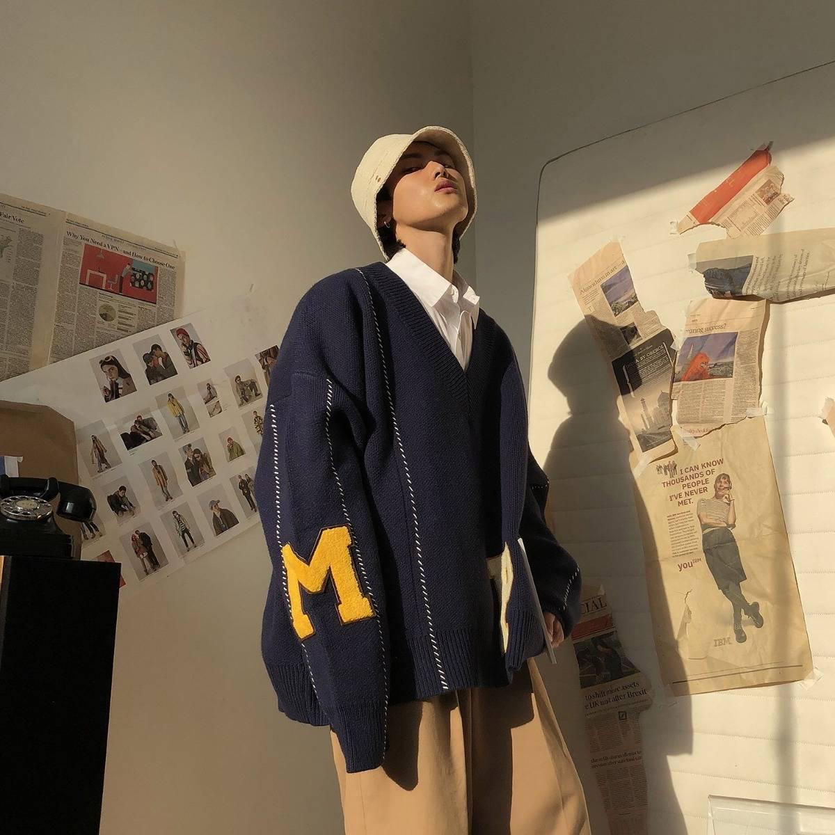 Pofulove Autumn Winter V-neck Pullover Sweater Schoolgirl Loose Base Warm Sweater Coat Apricot