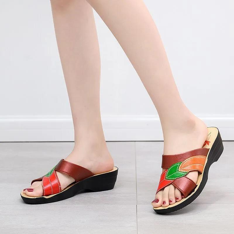 Thick Bottom Wedge Heel Sandals and Slippers Women's Outer Wear Non-slip Soft Sole Slippers Ladies Faux Oxford Leather Sandals and Slippers